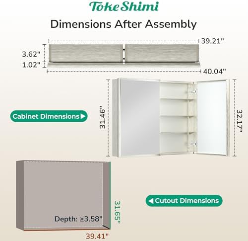 TokeShimi 40 x 32 Bathroom Mirror Cabinet, Assembly Required, Nickel Recessed Medicine Cabinet with Mirror, Steplessly Adjustable Shelves, Beveled Aluminum Frame, Tempered Glass - Image 2
