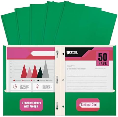 Better Office Products Green Paper 2 Pocket Folders with Prongs, 50 Pack, Matte Texture, Letter Size Paper Folders, 50 Pack, with 3 Metal Prong Fastener Clips, Green by BetterOfficeProducts