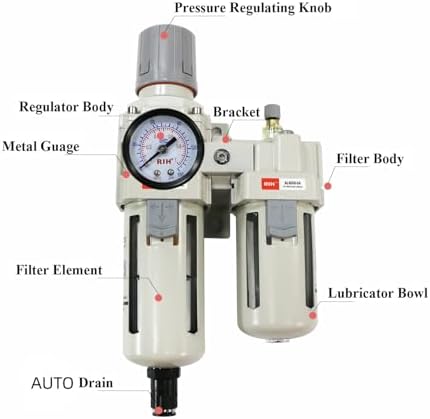 RIH Pneumatics Compressed Air Filter Regulator Lubricator Combo Water/Oil Trap Separator - Gauge(0-150 psi), Semi-Auto Drain, Poly Bowl,Bracket - 3 in 1 Two Unit (1/2“ NPT Auto Drain) - Image 6