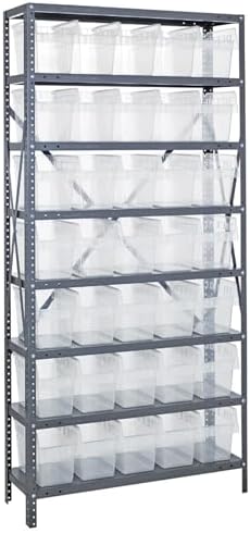 Quantum 1875-SB804CL Heavy Duty Shelving Unit with (8) Shelves and (35) SSB804 Clear Bins for Industrial Warehouse Storage Distribution | 400 lbs Capacity | 18"D x 36"L x 75"H, Galvanized Carbon Steel by QuantumStorageSystems