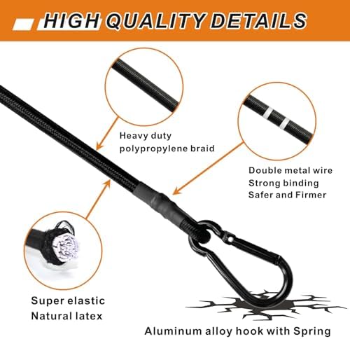 BEXSLE Bungee Cords with Carabiner Hooks Heavy Duty, Outdoor Black Bungee Straps, Strong Industrial Grade Elastic Bungee Rope for Securing Tarps, Luggage, Tents，Bikes, 12in + 24in + 48in，8pcs - Image 4