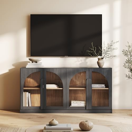 BELLEZE Bijou 64" Arched Glass Door Sideboard, Accent Buffet Cabinet with Storage and Adjustable Shelves, Classic Modern Large Console Table for Dining Room Living Room Entryway - Ebony - Image 5