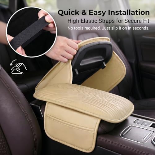 Car Center Console Armrest Pad, Leather Texture Armrest Cover with 2 Storage Pockets, Breathable Wear-Resistant Console Protector Cushion, Universal for Most Cars SUVs Trucks (Beige) - Image 3