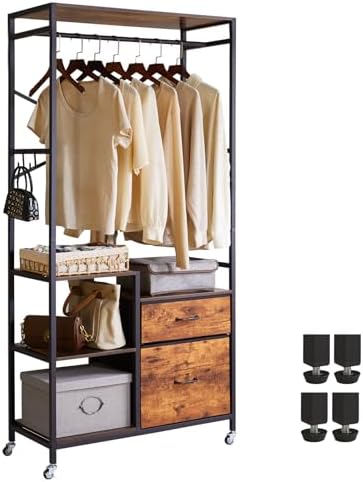 Aibiju Clothes Rack, Heavy Duty Garment Rack for Hanging Clothes, Industrial Clothing Racks with Shelves, 2 Fabric Drawers, 4 Hooks, 1 Hanging Rods Rustic Brown YD-TM080H by Aibijusolidwoodfurniture