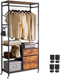 Aibiju Clothes Rack, Heavy Duty Garment Rack for Hanging Clothes, Industrial Clothing Racks with Shelves, 2 Fabric Drawers, 4 Hooks, 1 Hanging Rods Rustic Brown YD-TM080H by Aibijusolidwoodfurniture