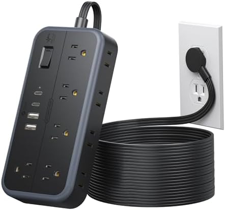 NTONPOWER Power Strip 15 Ft Cord, 10 Widely Spaced Outlets, 4 USB Port(2 USB C Port), Ultra Thin Flat Plug Extension Cord 15 Feet for Home Office Garage, Black by NTONPOWER