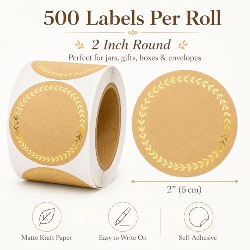 IBAKE 500 Kraft Canning Labels, 2 Inch Round Sticker Labels, Gold Foil - Image 2