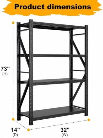 Heavy Duty Warehouse Shelving 4-Tier Industrial Steel Storage Shelves, 2600LB Capacity Per Shelf, Adjustable Shelves for Garage/Factory/Commercial Use (Black, W32*D14*H73) - Image 2