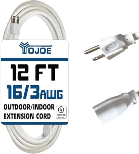 YOJOE Indoor Outdoor Extension Cord, 3 Prong 13A Weatherproof Power Cord, 16 Gauge Heavy Duty 12 ft White Extension Cord for Garage, Garden and Home, 16/3 SJTW UL Certified by YOJOE