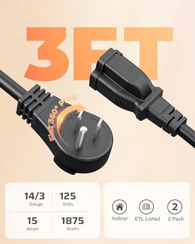 DEWENWILS 3FT 360° Rotating Flat Plug Extension Cord,14/3 Gauge, 2 Pack - Image 6