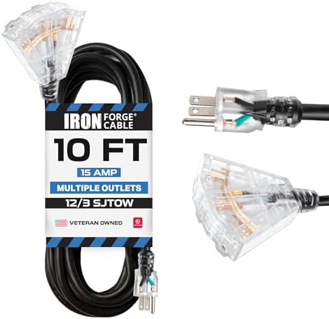 Iron Forge Cable 12 Gauge Extension Cord Multi Outlet, 10 Ft - Black SJTW by IronForgeCable