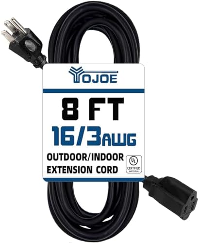 YOJOE Indoor Outdoor Extension Cord, 3 Prong 13A Weatherproof Power Cord, 16 Gauge Heavy Duty 8 ft Black Extension Cord for Garage, Garden and Home, 16/3 SJTW UL Listed by YOJOE