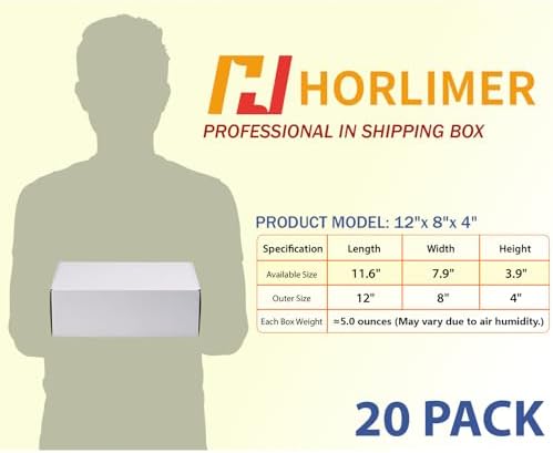 HORLIMER 12x8x4 Shipping Boxes Set of 20, White Corrugated Cardboard Mailer Box for Packing Small Business - Image 2
