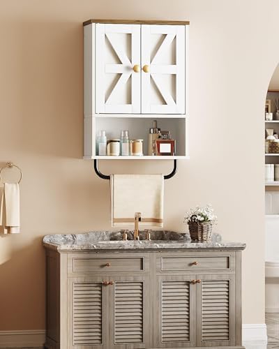 CHOEZON Bathroom Wall Cabinet, Medicine Cabinet with Open Partition and Towel Bar, Rustic Storage Cabinet with Open and Hidden Storage Space, for Bathroom, Living Room, Kitchen, White and Walnut - Image 2