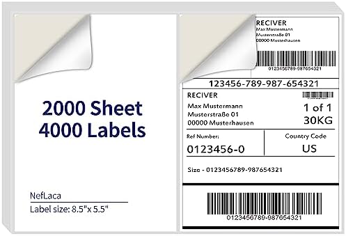 8.5" x 5.5" Half Page Self Adhesive Shipping Label, Compatible Laser & Inkjet Printers, White, 2 Labels Per Sheet(2000 Sheet 4000 Labels) by NefLaca