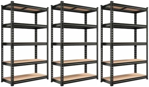 REIBII Set of 3 Storage Shelves 5 Tier Garage Shelving Heavy Duty Load 2000LBS, 60" H x 27.6" W x 11.8" D Adjustable Metal Shelving Unit, Utility Rack Shelf for Basement Pantry Shed Warehouse by REIBII