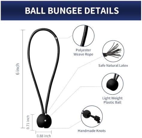 6 Inch Ball Bungee Cords, Heavy Duty UV Resistant Elastic Strap, Reusable Tie Down Cord with Balls, Indoor Outdoor Cords for Golf Net, Soccer Goals, Camping, Tent Poles, Hose (Black, 20 Pack) - Image 2