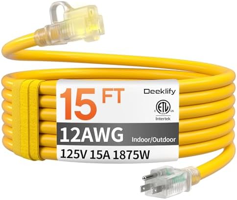 12 Gauge 15 FT Heavy Duty Outdoor Extension Cord Waterproof Yellow by Deeklify