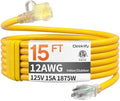 12 Gauge 15 FT Heavy Duty Outdoor Extension Cord Waterproof Yellow by Deeklify