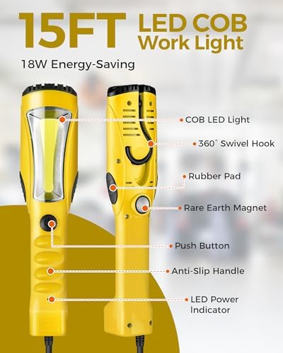 18W LED Work Light, 15FT 2000LM COB LED Light, Handheld Underhood Trouble Light with Cord 16 Gauge SJTW, Swivel Hook, for Garage, Workshop, Car Repair Scene, ETL Listed, Yellow Y03WL06 - Image 3