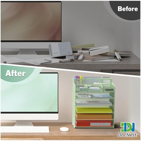Docnest 6 Tier Mesh Desk Organizer with Letter Tray & Paper Sorter, Green - Image 2