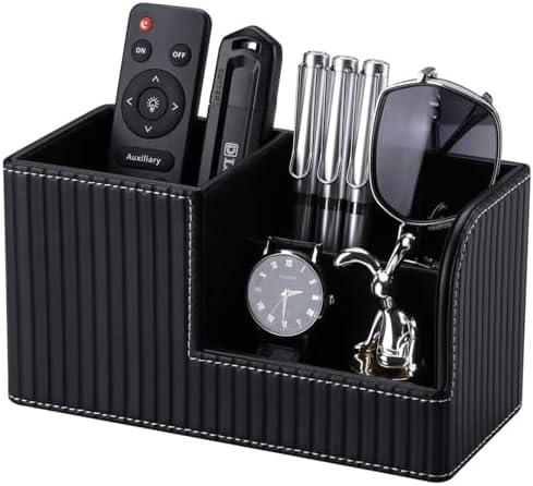 KINGFOM Desk Pen Organizer Office Supplies Caddy Pu Leather Multi-function Storage Box Pen/Pencil,Cell phone, Business Name Cards Remote Control Holder (Black) by KingfomLeatherHomeOfficeDecor