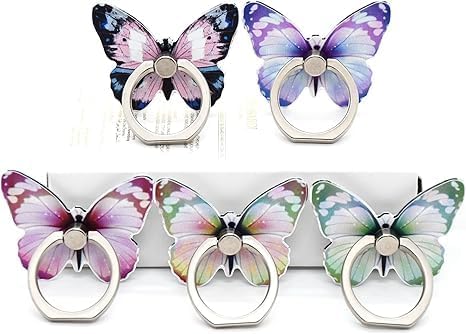 5 Pcs Butterfly Cell Phone Ring Stand Holder, Cute Butterfly Design Finger 360° Rotating Metal Hand Phone Stand Holder, with Adjustable Knob Loop (Purple, Blue,Green,Yellow,Pink) by HZZADZXW