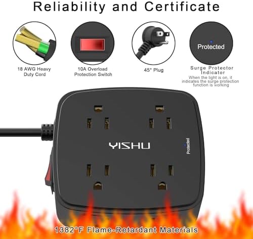 6 Ft Surge Protector Power Strip - 8 Widely Outlets with 4 USB Ports, 3 Side Outlet Extender with 6 Feet Extension Cord, Flat Plug, Wall Mount, Desk USB Charging Station, ETL,Black - Image 6