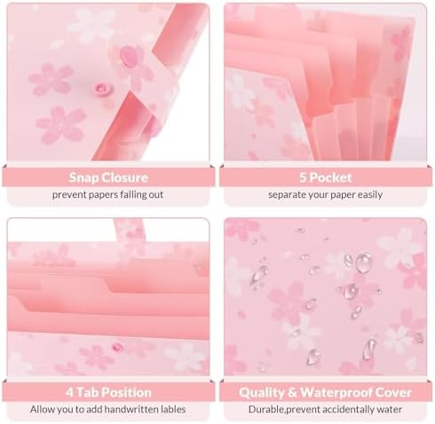 SKYDUE Pink Expanding File Folder with 5 Pockets, Cute Accordion File Organizer, Portable Receipt Paper Documents Organizer, Letter Size Filing Folder School Office Supplies - Image 3