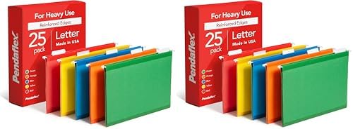 Pendaflex Hanging File Folders, Letter Size (8.5" x 11"), Assorted Colors: Green, Blue, Red, Yellow, Orange, 5 Tab Positions, Reinforced, Includes Tabs and Inserts, Durable, 25 Count (Pack of 2) by TOPSProducts