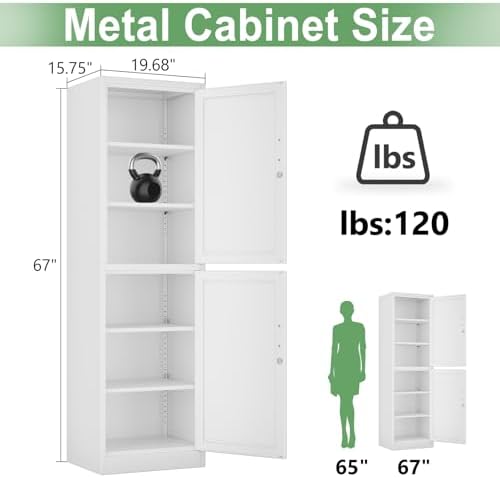 Ckzbx Metal Locker Tall Narrow Storage Cabinet, 67" H Locking Tool File Cabinets Snack Locker Organizer for School Classroom,Bedroom,Gym Home Office,Entryway and Hallway (20" W 2Door White) - Image 3