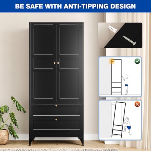 BYNSOE 71" Tall Metal Wardrobe Closet with 2 Drawers, Steel Armoire Cabinet with Hanging Rod and Adjustable Shelves, Freestanding Clothes Storage Organizer Furniture of Metal for Bedroom - Image 6