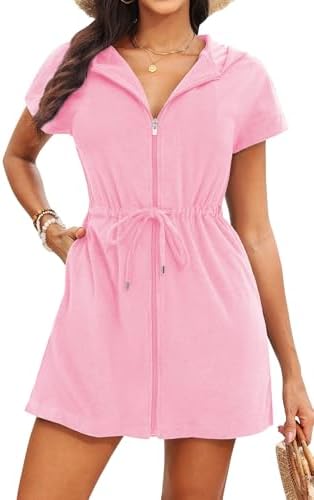 Womens Terry Cloth Cover Up Hooded Swim Cover with Zipper and Pocket by Yonique