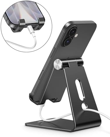 OMOTON C2 Adjustable Aluminum Cell Phone Stand with Charging Cutout, Black - Image 6