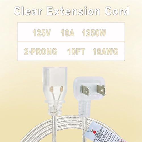 Clear Extension Cord 10 FT 2 Pack, Indoor Thin 2 Prong Extension Cord with Flat Plug, Slim Extension Cable for Christmas Lights, Lamps & Holiday Lighting (18AWG, 10A/125V) - Image 2