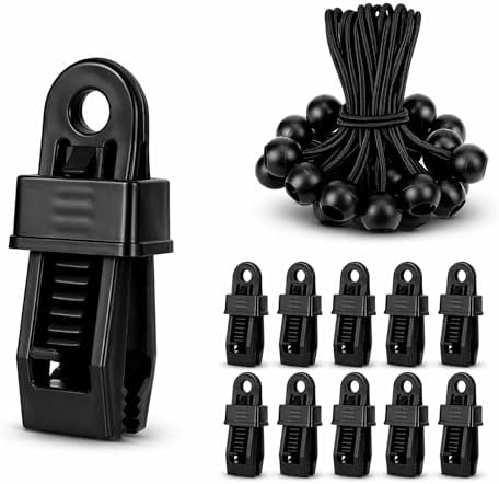 Tarp Clips with Ball Bungees, Heavy Duty Lock Grip Tarp Clamps, Anti-Slip Toothed Jaw, No-Tool Quick Setup, for Tarps, Canopies, Covers, Tents, Pack of 30 by Frunop