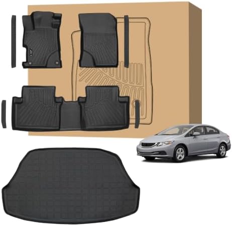 PELEUS Floor Mats Custom Compatible with Honda Civic Hybrid 2012-2015 (NOT for Gas) All-Weather TPE Odorless Car Liners Front Rear and Trunk Cargo Liner Set with 4Pcs Door Sill Guards Black by Unknown