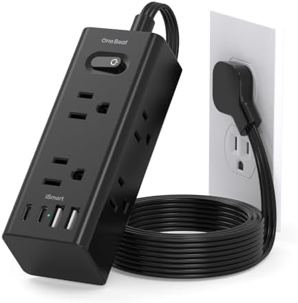 Short Extension Cord with Multiple Outlets, Flat Plug Power Strip, Black by OneBeat