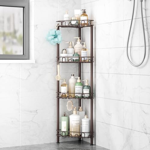 SWTYMIKI Standing Shower Caddy Corner - 4‑Tier Stainless Steel Shower Organizer Shelf with 12 Hooks and Adhesive Pads, Rustproof Corner Shelves Stand Rack for Bathroom Shower Room, Bronze by SwtyMiki-TidyHomeSweetLife