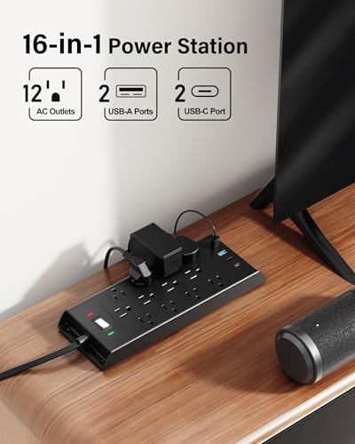 Surge Protector Power Strip 4800J, LeZone 25Ft Long Extension Cord Flat Plug, 12 Outlets 2 USB C 2 USB Ports, Wall Mountable, Desk Charging Station, Black - Image 2