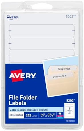 Avery® File Folder Labels on 4" x 6" Sheets, Easy Peel®, White, Print & Handwrite, 2/3" x 3-7/16", 252 Labels (5202) by Avery