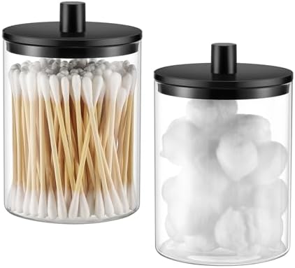 TIPGO Glass Qtip Holder Dispenser - 10 oz Clear Canister Apothecary Jar, Bathroom Vanity Storage Organizer Set for Cotton Swabs, Pads, Floss Picks, Small Containers for Makeup Storage (2 Pack, Black) by TIPGO
