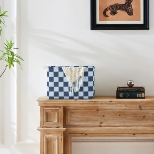 Ohocut Navy Blue Checkered Canvas Basket, Rectangular Organizing Decorative Storage Basket for Kids Dog Toy, Cute Aesthetic Race Cars Boy Room Decor for Home, Kitchen, Bedroom, Classroom, Shelves - Image 2
