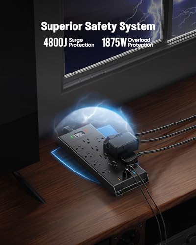 Surge Protector Power Strip 4800J, LeZone 15Ft Long Extension Cord Flat Plug, 12 Outlets 2 USB C 2 USB Ports, Wall Mountable, Desk Charging Station, Black - Image 4