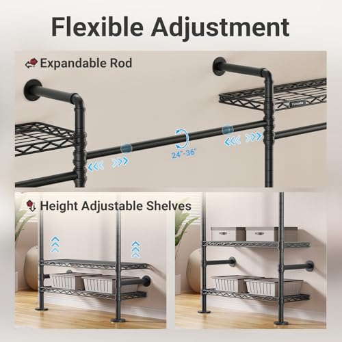 Timate F5 Expandable Wall Mounted Clothes Rack with 8 Adjustable Shelves & 4 Expandable Hanger Rods, Heavy Duty Industrial Pipe Clothing Rack for Hanging Clothes, Fits Spaces 10'3"- 12'3", Black - Image 6