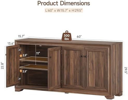 ONBRILL 60" Buffet Cabinet with Storage, 4 Doors & Adjustable Shelves Brown - Image 2