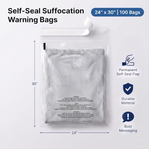 24" X 30" (100 Count) Self-Seal Clear Poly Bags With Suffocation Warning - Image 2
