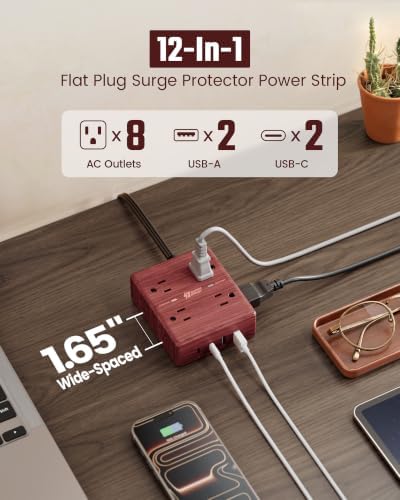 SUPERDANNY Brown Extension Cord 10Ft, Flat Plug Power Strip Surge Protector - Image 2