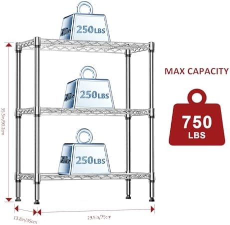 IZEUK 3-Tier Heavy Duty Steel Storage Shelves, Metal Shelf Wire Shelving Rack for Pantry, Kitchen, Home or Office Organization (29.5" W x 13.8" D x 35.5" H, 750LBS, Chrome) - Image 3