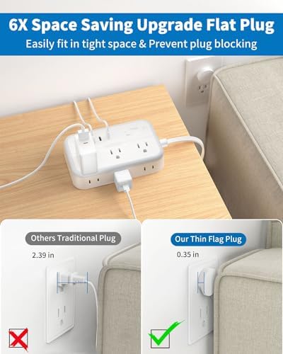Flat Extension Cord 15 ft, NTONPOWER Surge Protector Power Strip with 6 Widely Outlets 4 USB Ports(2 USB C), Flat Plug, Wall Mounted, Side Outlet Extender for Indoor, Home Office, Dorm Room Essentials - Image 6